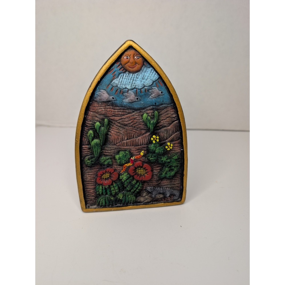 Southwestern Folk Art Decorative Iron Desert Scene Sun Face Cactus 6"‎ Statue